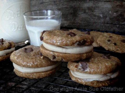 a stack of raw vegan Chocolate Chip and Espresso Buttercream Sandwich Cookies