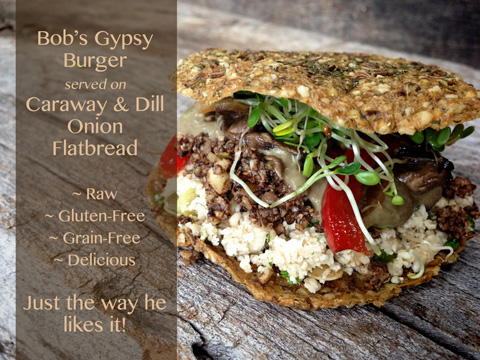 raw vegan gluten-free Bob's Raw Gypsy Burger served on barn wood
