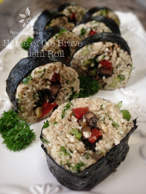 raw vegan Home of the Brave Sushi Roll with Brown Gravy Dipping Sauce
