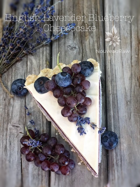 single slice of raw, vegan English Lavender and Blueberry Cheesecake 