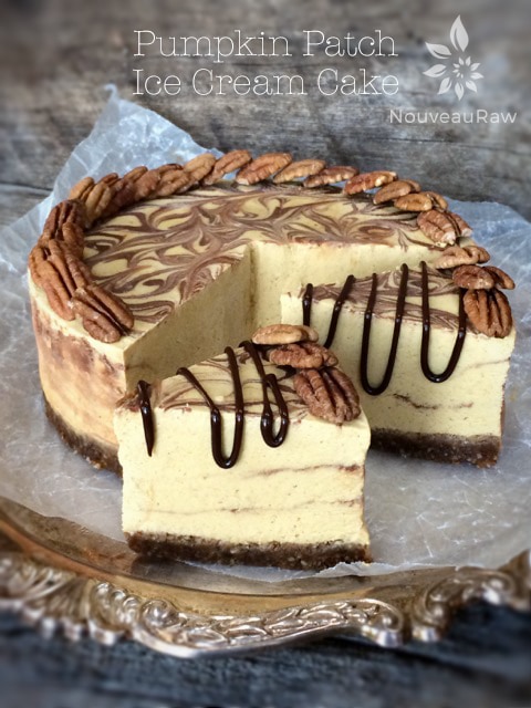Delicious Raw Pumpkin Patch Ice Cream Cake with Chocolate Ganache Marbling, easy to make