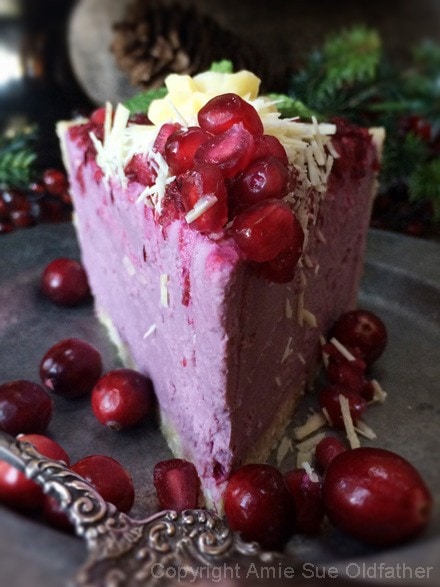 Inside of a Creamy Raw Pomegranate and Cranberry Relish Cheesecake, Mouth watering