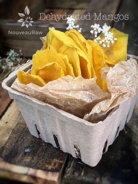 Dehydrated Mangos displayed in a kraft berry basket