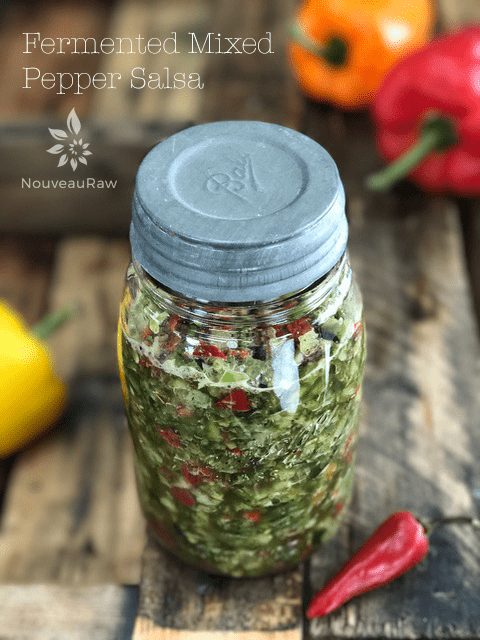 an antique mason jar filled with fermented mixed pepper salsa