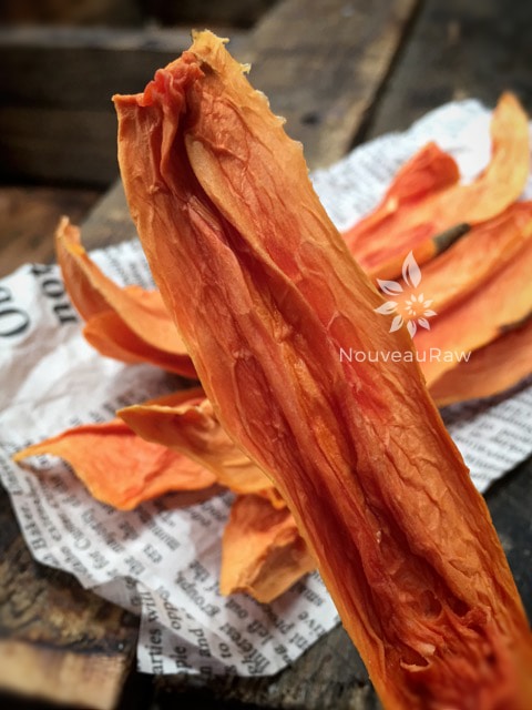 a close up of dehydrated Papaya Spears