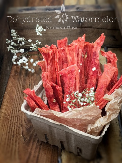 dehydrated-watermelon sticks displayed in a kraft berry container