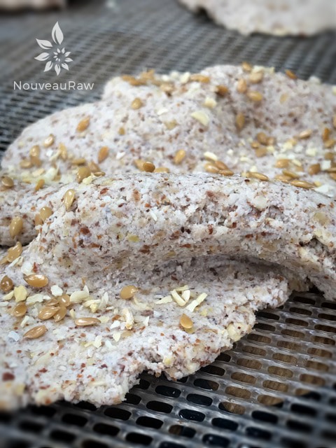 seeing the folds in the close up dehydrating the over head shot of raw vegan gluten-free Buttery Walnut Flatbread