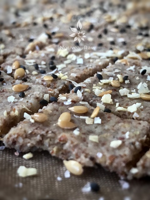 close up dehydrated crackers using the using the same raw vegan gluten-free Buttery Walnut Flatbread