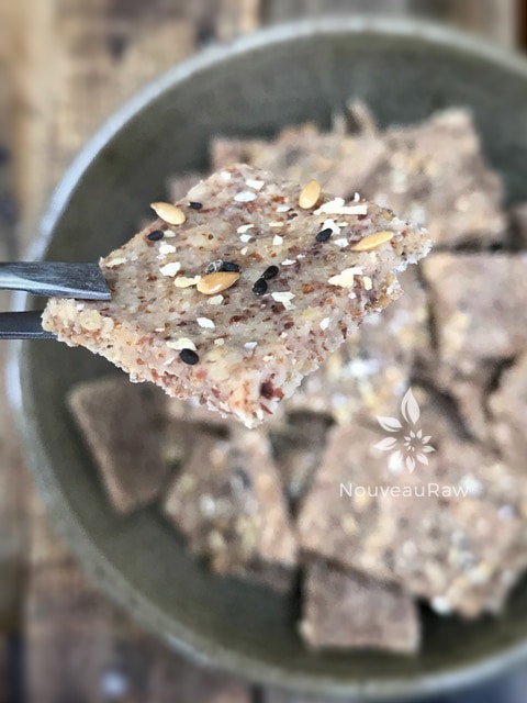 showing the thickness of the close up dehydrated crackers using the using the same raw vegan gluten-free Buttery Walnut Flatbread