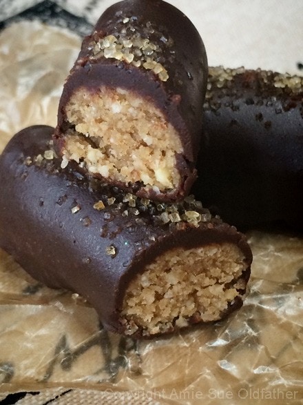 a close up of the inside of raw vegan Chocolate Enrobed Cinnamon Cookie Sticks 