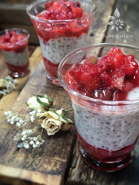 close up shot of raw vegan Tapioca Almond Custard with Rhubarb Strawberry Sauce served in single serving glasses