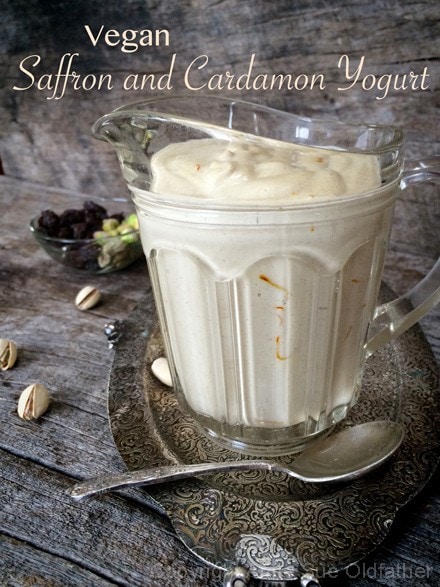 Wonderful Creamy Full Flavor Raw Vegan Saffron and Cardamon Yogurt in a glass pitcher