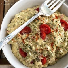 Chunky Eggless Egg Salad in a white bowl