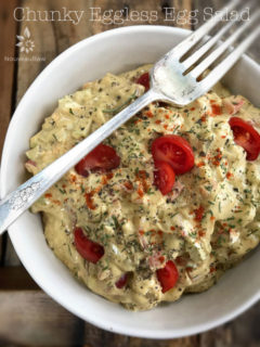 Chunky Eggless Egg Salad in a white bowl