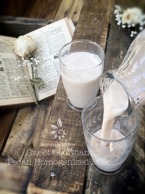 raw vegan Sweet Georgian Pecan Homogenized Milk being poured into a glass