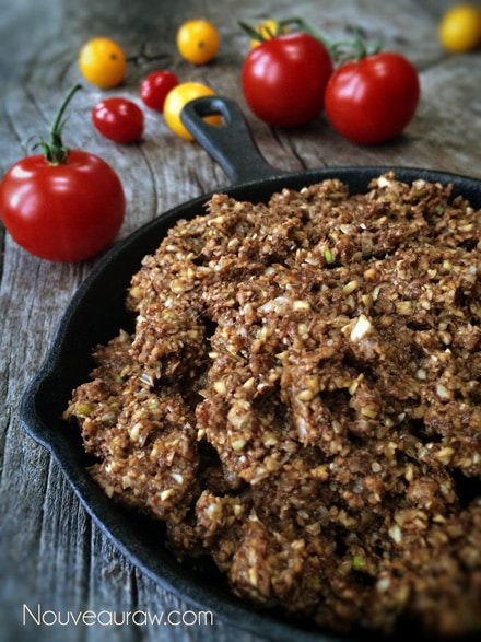 raw vegan gluten-free Lentil Taco meat served in a cast iron skillet