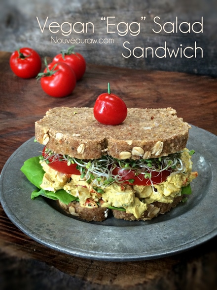 raw vegan gluten-free Egg Salad Sandwich served on a silver plate