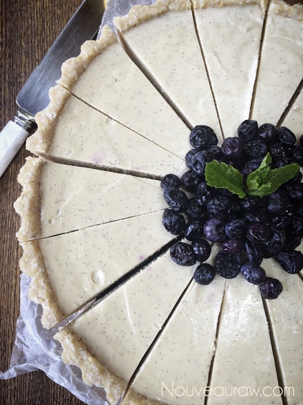 Pure Raw blueberry vanilla bean cheesecake topped with mint &blueberries 