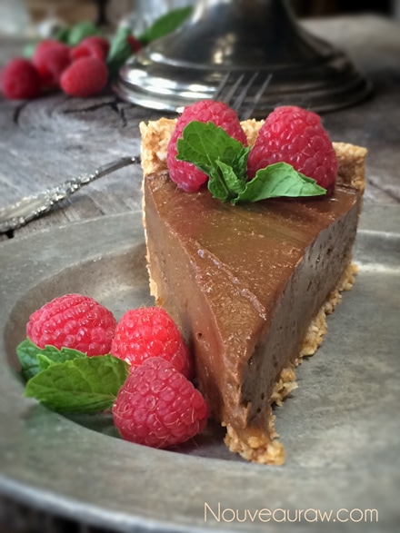 Silky Raw Chocolate and Caramel French Silk Pie topped with fresh raspberries 