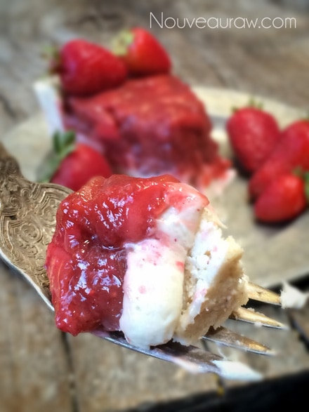 A bite of a rich flavored Raw Gluten-Free Ruby Red Strawberry Rhubarb Cream Pie