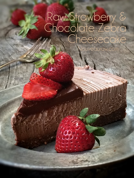 A delightful slice of Raw Strawberry and Chocolate Zebra Cheesecake