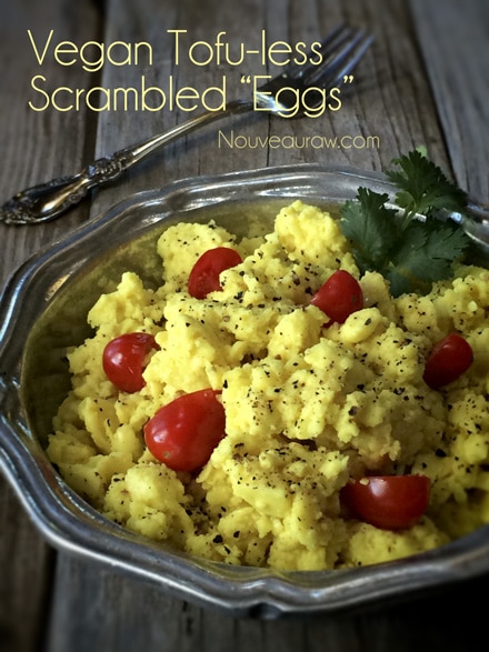 Delicious & distinctive Tofu-less Scrambled “Eggs” with fresh tomatoes in a silver plate