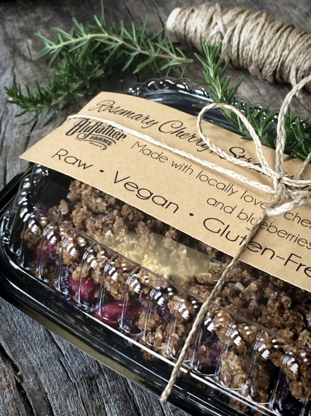 raw vegan gluten-free Rosemary Cherry Berry Cobbler packaged for gift giving