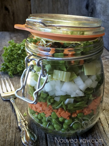 close up of raw vegan Cumin Dear Bob Salad ina mason jar