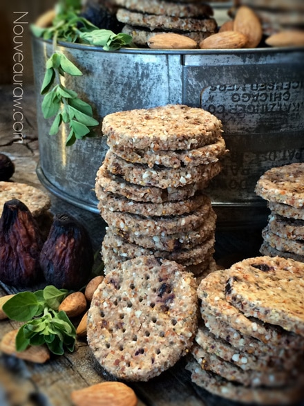 Dried Fig, Almond and Oregano Coastal Cracker displayed with dried figs 