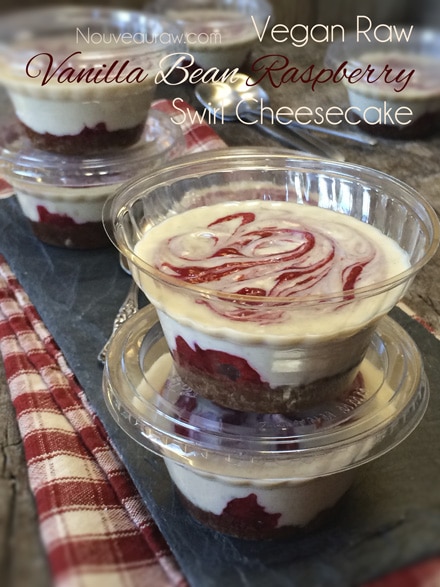 raw vegan Vanilla Bean and Raspberry Swirl Cheesecake served in single serving cups