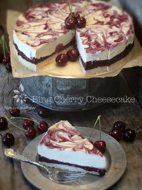 raw, vegan, Bing Cherry Cheesecake served on a silver plate