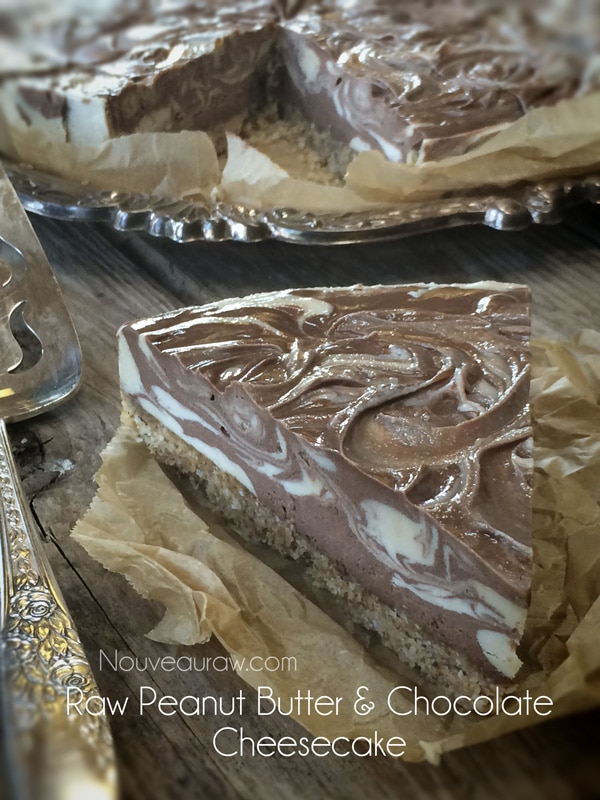 a close up of velvety smooth and creamy slice of a single slice of raw vegan Peanut Butter & Chocolate Marble Cheesecake