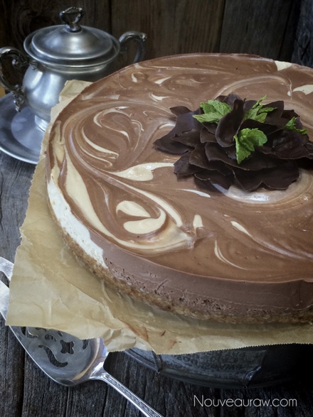 A whole raw vegan Peanut Butter & Chocolate Marble Cheesecake