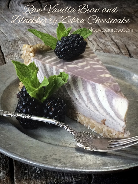 a single slice of Vanilla Bean and Blackberry Zebra Cheesecake with fresh blackberries