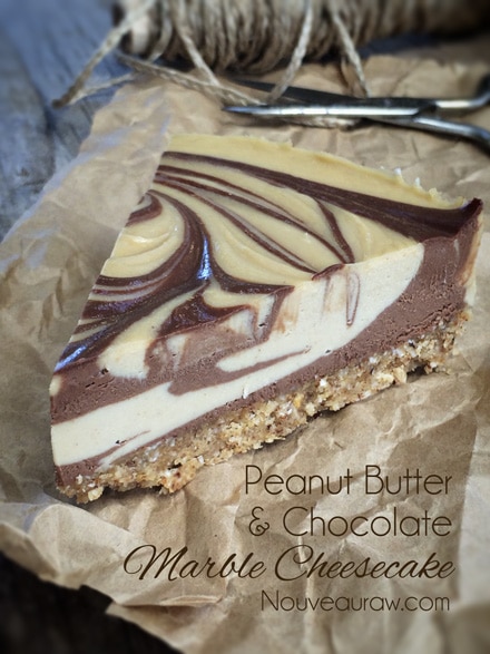 a single slice of raw vegan Peanut Butter & Chocolate Marble Cheesecake