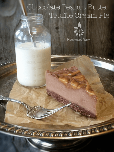 Chocolate Peanut Butter Truffle Cream Pie served on a silver tray with almond milk