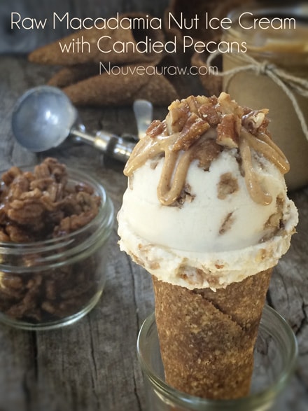 raw macadamia nut ice cream with candied pecans served in a raw vegan gluten free Oaty Pumpkin Spice Ice Cream Cones