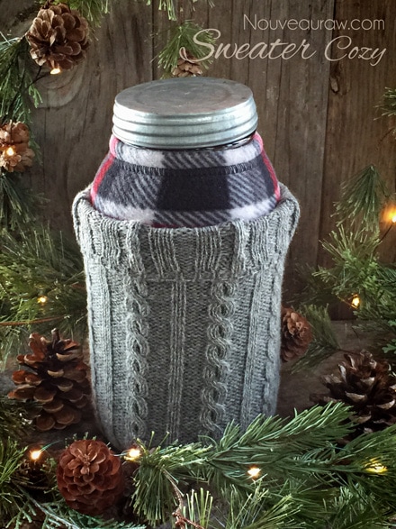 a close up fleece and gray sweater cozy's made from recycled sweaters for gift giving