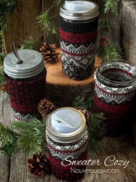 using patterned sweaters used to make a jar cozy slip on