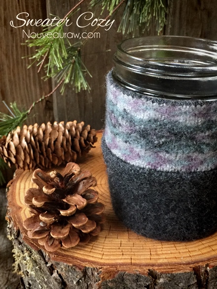 a wool sweater sleeve used to make a jar cozy slip on