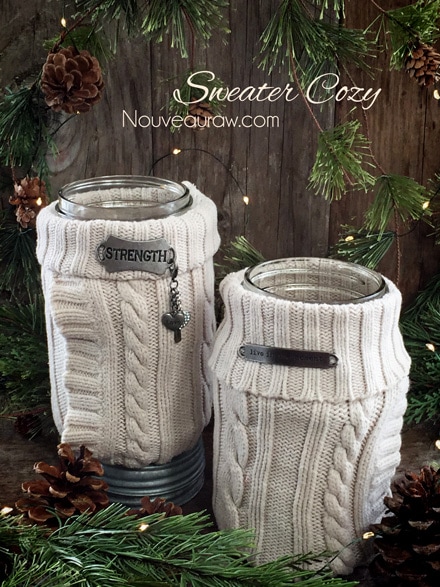 old sweaters turned into jar cozy's to keep your hands warm