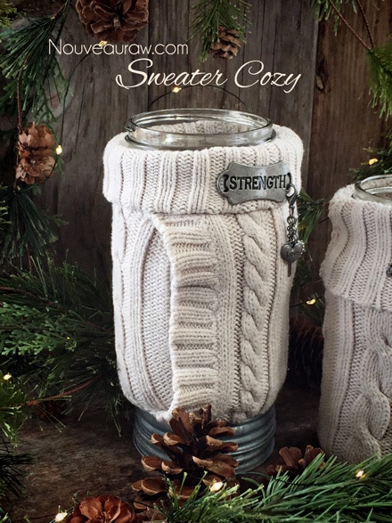 a close up of old sweaters turned into jar cozy's to keep your hands warm