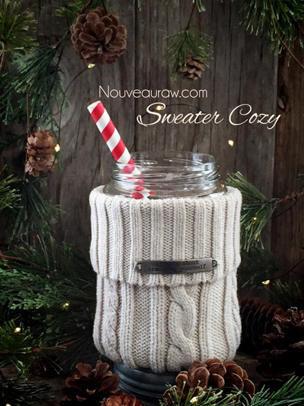 old sweaters turned into jar cozy's to keep your hands warm with a red and white straw inside
