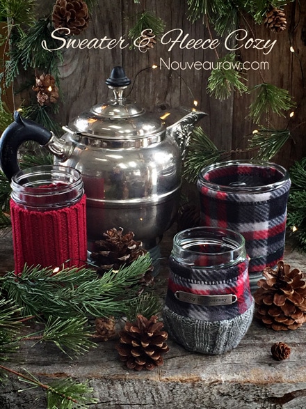 Sweater & Fleece Cozy's made for jars displayed with a tea pot