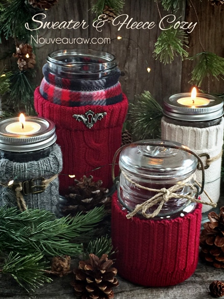 Sweater-&-Fleece-Cozy-NR23aSweater & Fleece Cozy's made for jars displayed with candles in them