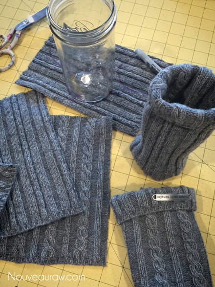 showing you all the parts that go into making sweater jar cozies