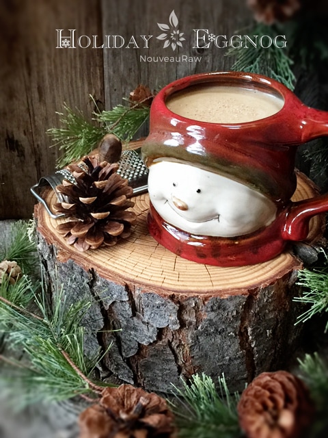 raw vegan Holiday Eggnog served in a snowman mug