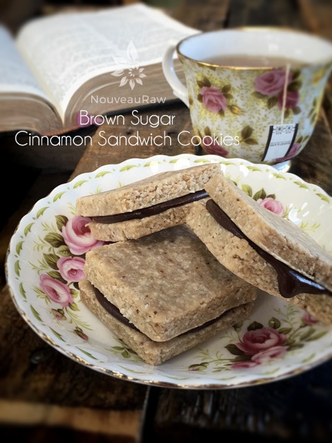 Brown Sugar Cinnamon Sandwich Cookies displayed with tea and a bible