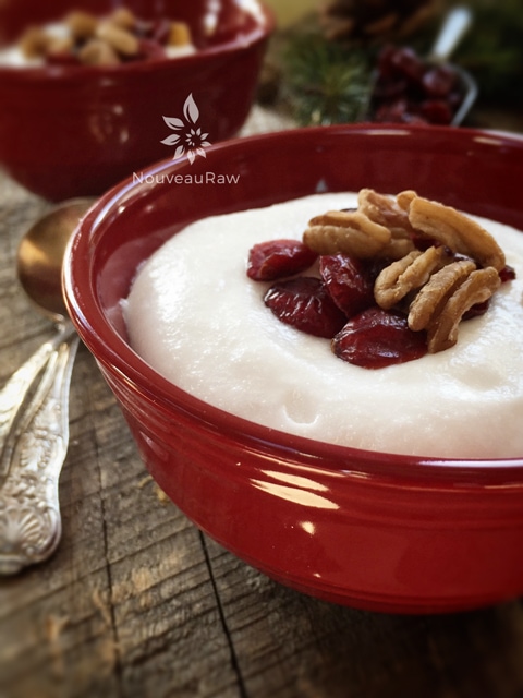 close up of raw vegan Coconut Pudding served in two red bowls for breakfast