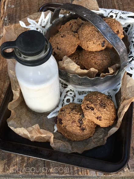 "Brown Sugar" Peanut Butter Oat Cookies displayed with almond milk on a tray